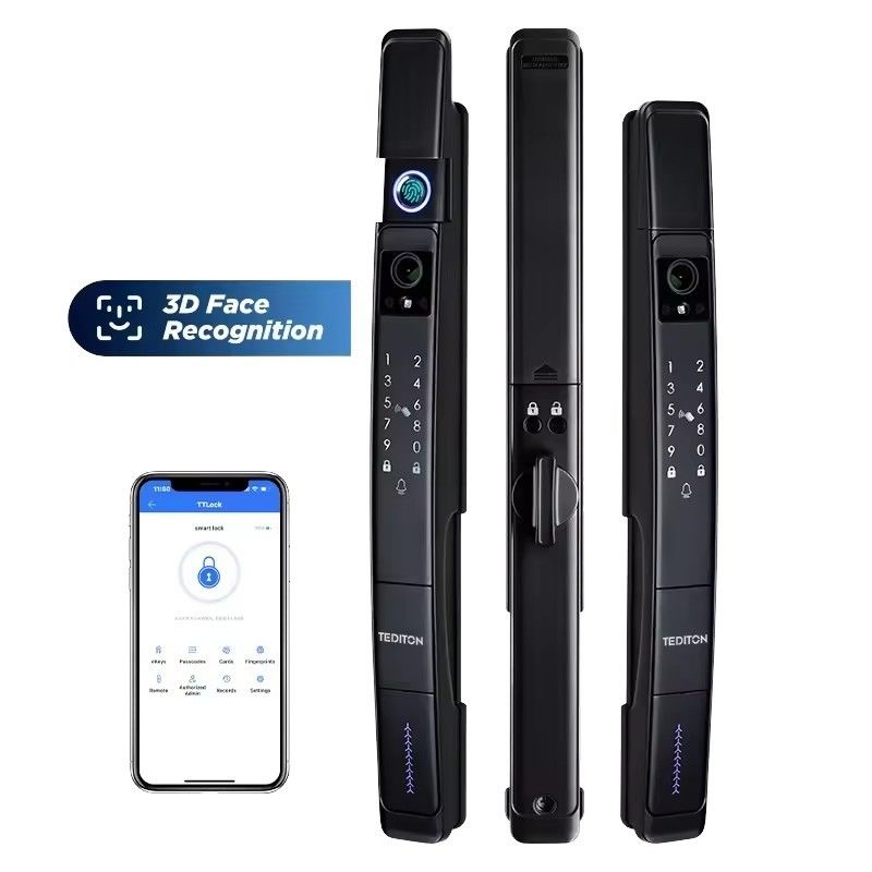 Fermeture de porte intelligente noire avec caméra et reconnaissance faciale 3D d'empreintes digitales